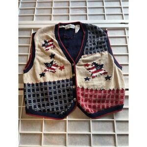 VTG Hand Embroidered Womens 3X Sweater Vest Patriotic 4th of July Cotton Grandma